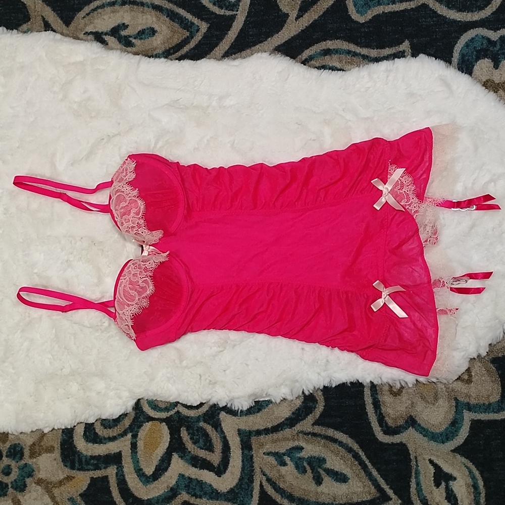 Victoria's Secret Bright Pink Lace-Trim Chemise with Garter Straps